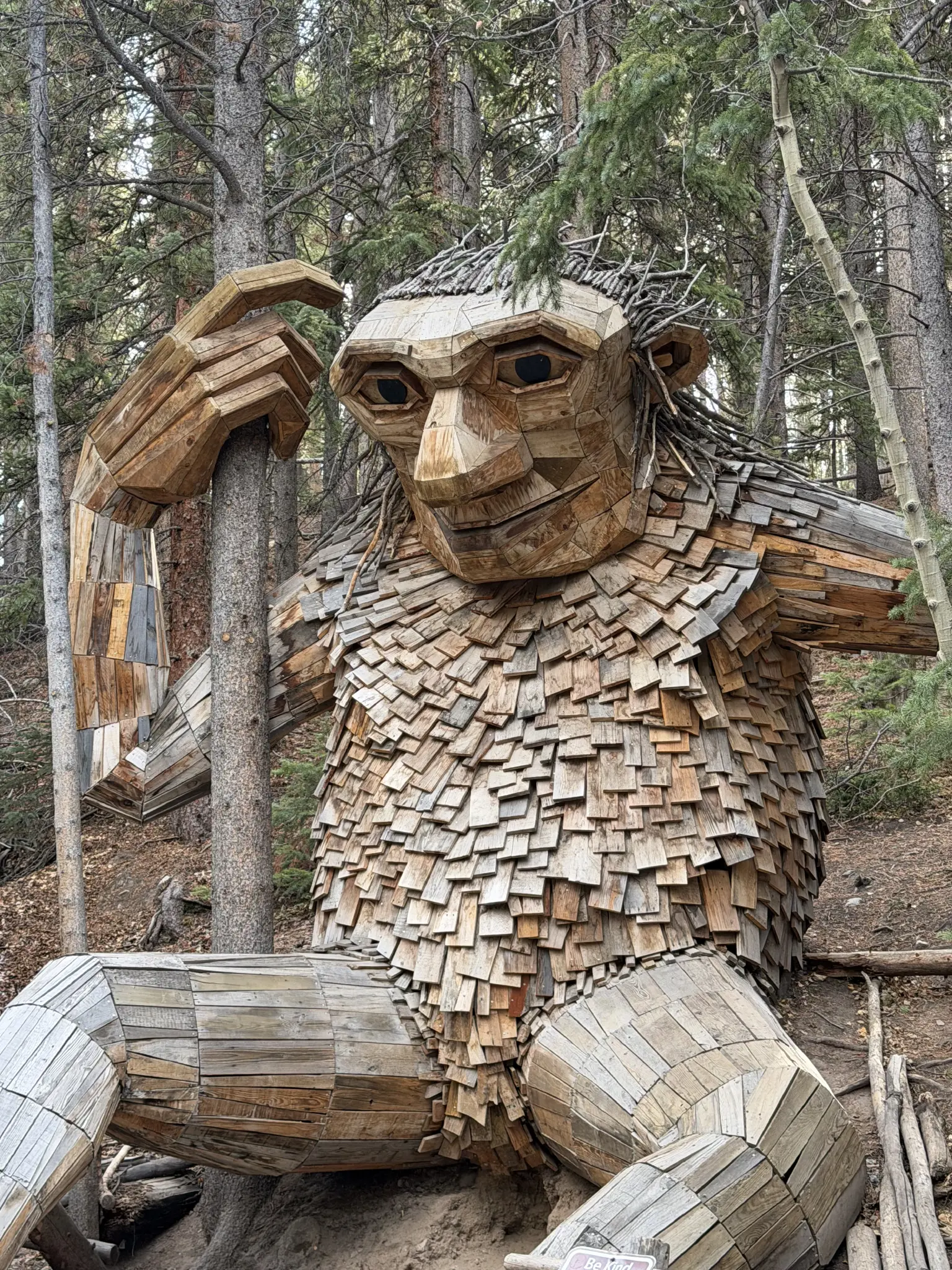 A wooden troll, giant, along a hiking trail in Colorado.